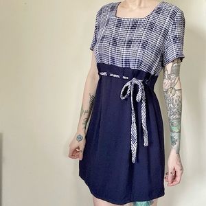 90s Vintage Blue and White Belted Plaid Mini Baby Doll Dress
